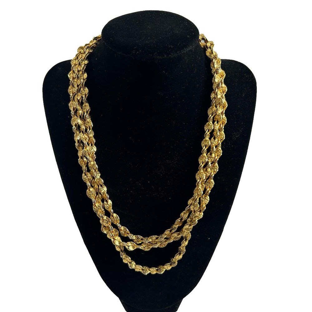 Gold Tone Triple Strand Necklace Textured Twisted Strand 19" Long